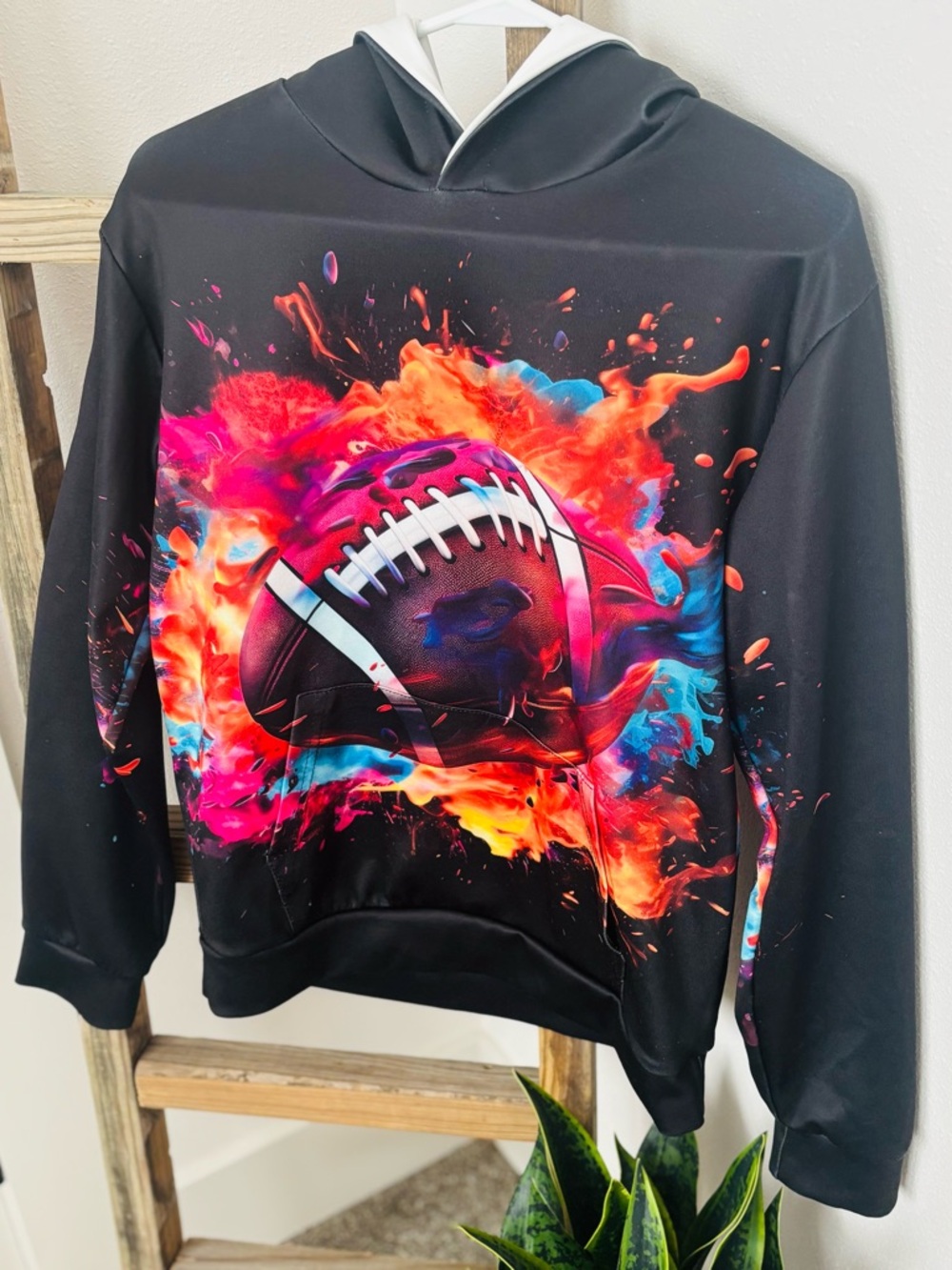 Youth Neon Football Flame Black Hoodie Sweatshirt 🏈